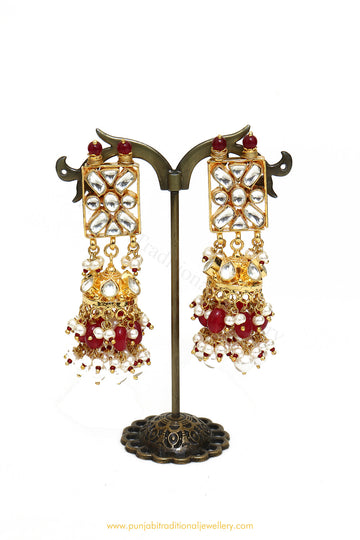 Gold Finished Kundan Rubby Jhumki Earrings by PTJ
